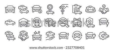 Car dealer, vehicle and automobile industry related editable stroke outline icons set isolated on white background flat vector illustration. Pixel perfect. 64 x 64.