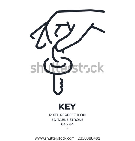 Hand holding key editable stroke outline icon isolated on white background flat vector illustration. Pixel perfect. 64 x 64.