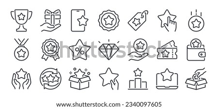 Exclusive benefit, prize, incentive, reward editable stroke outline icons set isolated on white background flat vector illustration. Pixel perfect. 64 x 64.