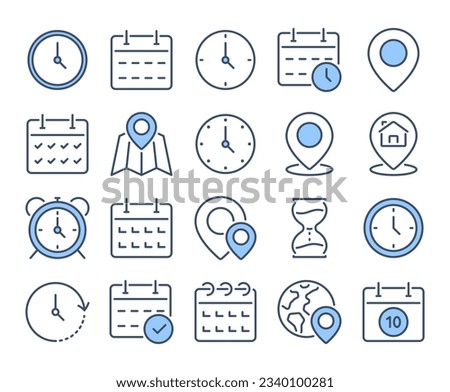 Time, date and address blue editable stroke outline icons set isolated on white background flat vector illustration. Pixel perfect. 64 x 64.