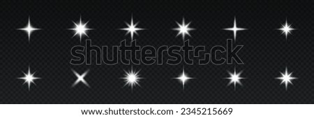 Realistic star flare and light effect vector illustration isolated on transparent background. Radiance, sparkle, flash glitter collection.