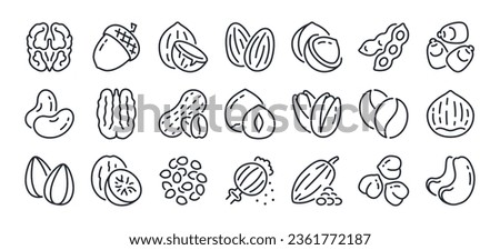 Nuts and seeds editable stroke outline icons set isolated on white background flat vector illustration. Pixel perfect. 64 x 64.