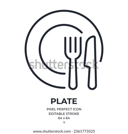 Plate, knife and fork editable stroke outline icon isolated on white background flat vector illustration. Pixel perfect. 64 x 64.