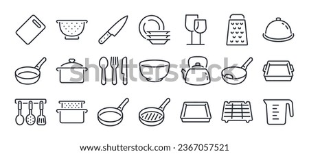 Cookware and tableware editable stroke outline icons set isolated on white background flat vector illustration. Pixel perfect. 64 x 64.