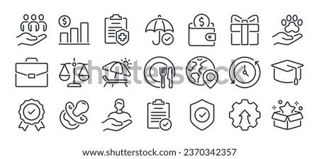 Employee benefit editable stroke outline icons set isolated on white background flat vector illustration. Pixel perfect. 64 x 64.