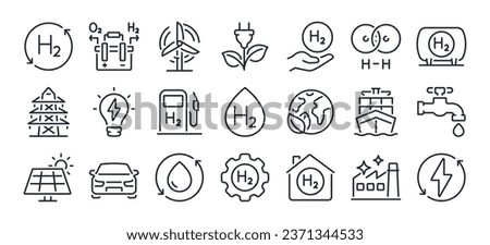 H2 hydrogen electrolysis editable stroke outline icons set isolated on white background flat vector illustration. Pixel perfect. 64 x 64.