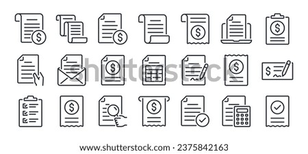Invoice, bill, receipt, tax and payment concept editable stroke outline icons set  isolated on white background flat vector illustration. Pixel perfect. 64 x 64.