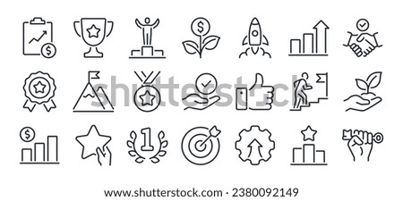 Success, award, growth, win, thumbs up editable stroke outline icons set isolated on white background flat vector illustration. Pixel perfect. 64 x 64.