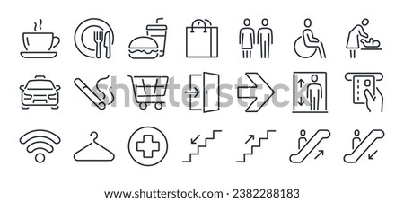 Toilet, food court, elevator, exit door and public navigation concept editable stroke outline icons set isolated on white background flat vector illustration. Pixel perfect. 64 x 64.