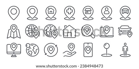 Pin, map, address, point, marker editable stroke outline icons set isolated on white background flat vector illustration. Pixel perfect. 64 x 64.