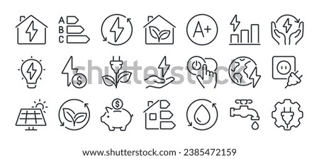 Energy saving and efficiency editable stroke outline icons set isolated on white background flat vector illustration. Pixel perfect. 64 x 64.