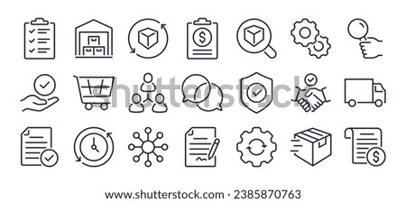 Procurement management and strategy concept editable stroke outline icons set isolated on white background flat vector illustration. Pixel perfect. 64 x 64.