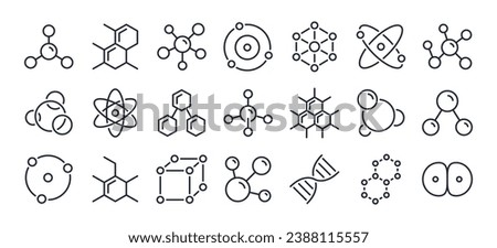 Molecule, cell, atom, protein editable stroke outline icons set isolated on white background flat vector illustration. Pixel perfect. 64 x 64.