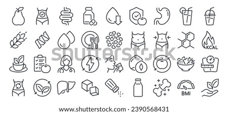 Nutrition, detox, healthy and organic, food, weight loss, diet, metabolism and BMI editable stroke outline icons set isolated on white background flat vector illustration. Pixel perfect. 64 x 64.