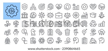 ESG Environmental Social Governance concept editable stroke outline icons set isolated on white background flat vector illustration. Pixel perfect. 64 x 64.