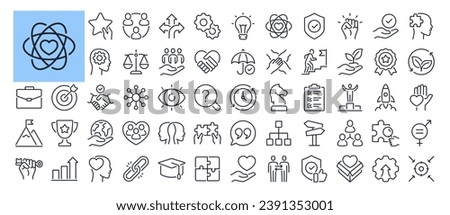 Core values concept. Integrity, mission, vision, trust, purpose, leadership and growth editable stroke outline icons set  isolated on white background flat vector illustration. Pixel perfect. 64 x 64.