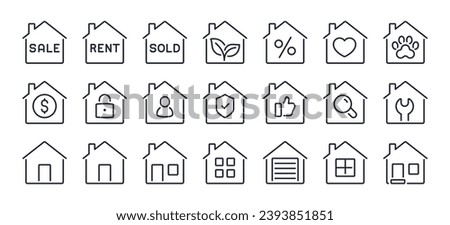 House sale, rent, sold, real estate, shelter, insurance, mortgage editable stroke outline icons set isolated on white background flat vector illustration. Pixel perfect. 64 x 64.