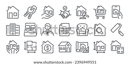 Real estate editable stroke outline icons set isolated on white background flat vector illustration. Pixel perfect. 64 x 64.