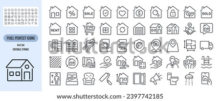 Real estate, property, building, rent, home and office concept editable stroke outline icons set isolated on white background flat vector illustration. Pixel perfect. 64 x 64.