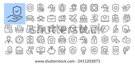 Insurance, assurance, protection and risk editable stroke outline icons set isolated on white background flat vector illustration. Pixel perfect. 64 x 64.