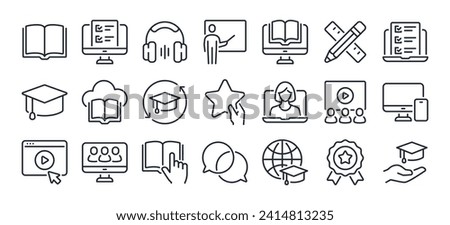 Education, seminar, online learning, webinar editable stroke outline icons set isolated on white background flat vector illustration. Pixel perfect. 64 x 64.