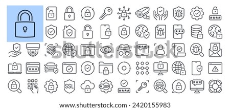 Safety, protection and security concept editable stroke outline icons set isolated on white background flat vector illustration. Pixel perfect. 64 x 64.