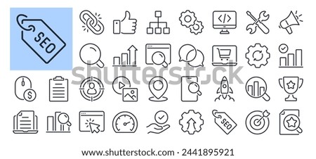 SEO Search Engine Optimization editable stroke outline icons set isolated on white background flat vector illustration. Pixel perfect. 64 x 64
