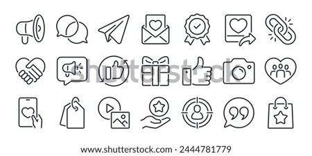 Brand ambassador, pr and public influence editable stroke outline icons set isolated on white background flat vector illustration. Pixel perfect. 64 x 64