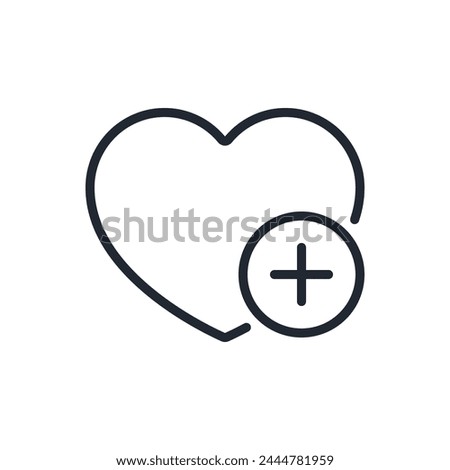 Heart shape with plus sign. Add to favorite concept editable stroke outline icon isolated on white background flat vector illustration. Pixel perfect. 64 x 64.