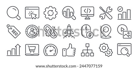 SEO Search Engine Optimization editable stroke outline icons set isolated on white background flat vector illustration. Pixel perfect. 64 x 64