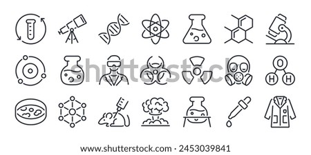 Science and chemistry related editable stroke outline icons set isolated on white background flat vector illustration. Pixel perfect. 64 x 64