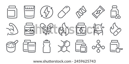 Sport supplements and fitness nutrition editable stroke outline icons set isolated on white background flat vector illustration. Pixel perfect. 64 x 64.