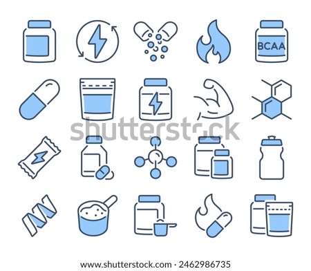 Sport supplements and fitness nutrition blue editable stroke outline icons set isolated on white background flat vector illustration. Pixel perfect. 64 x 64