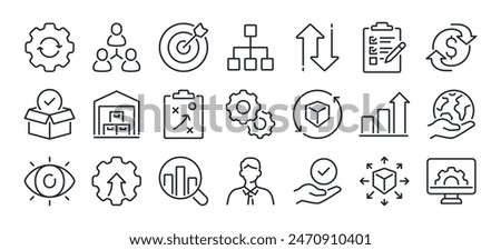 Operation management and business administration editable stroke outline icons set isolated on white background flat vector illustration. Pixel perfect. 64 x 64