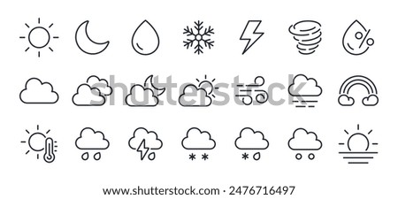 Weather editable stroke outline icons set isolated on white background flat vector illustration. Pixel perfect. 64 x 64