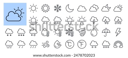 Weather and meteorology editable stroke outline icons set isolated on white background flat vector illustration. Pixel perfect. 64 x 64