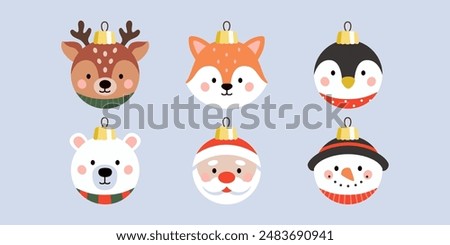 Cute Christmas baubles set with animals, snowman, Santa, bear, penguin, reindeer and fox vector illustration