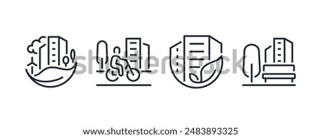 Green city editable stroke outline icons set isolated on white background flat vector illustration. Pixel perfect. 64 x 64