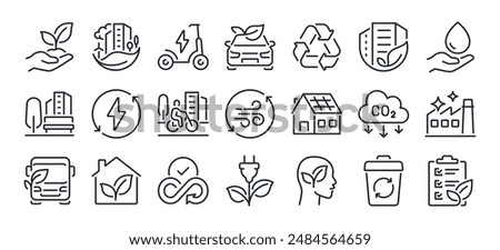 Green city editable stroke outline icons set isolated on white background flat vector illustration. Pixel perfect. 64 x 64