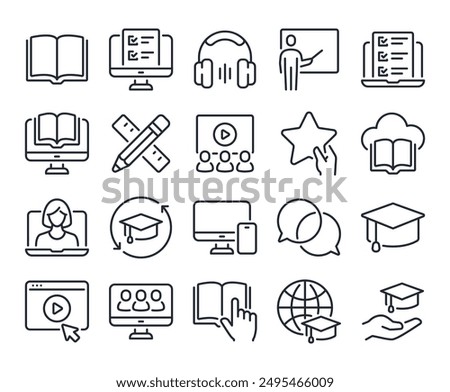 Education, seminar, online learning, webinar editable stroke outline icons set isolated on white background flat vector illustration. Pixel perfect. 64 x 64