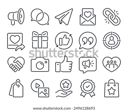 Brand ambassador, pr and public influence editable stroke outline icons set isolated on white background flat vector illustration. Pixel perfect. 64 x 64