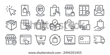 Click and collect online shopping editable stroke outline icons set isolated on white background flat vector illustration. Pixel perfect. 64 x 64