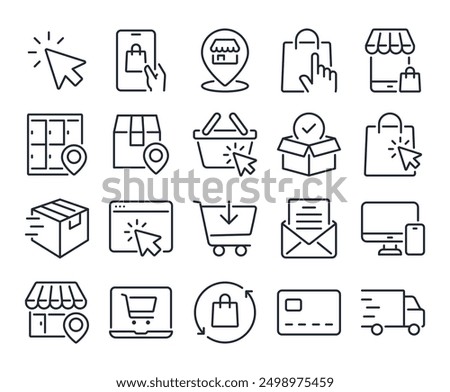 Click and collect online shopping editable stroke outline icons set isolated on white background flat vector illustration. Pixel perfect. 64 x 64