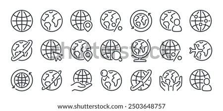 Globe and planet related editable stroke outline icons set isolated on white background flat vector illustration. Pixel perfect. 64 x 64