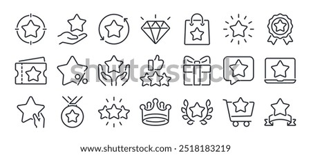 Bonus, benefit, offer and reward editable stroke outline icons set isolated on white background flat vector illustration. Pixel perfect. 64 x 64