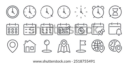 Time, date and location editable stroke outline icons set isolated on white background flat vector illustration. Pixel perfect. 64 x 64