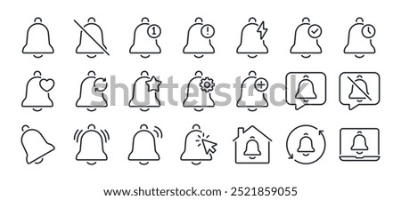 Bell notification editable stroke outline icons set isolated on white background flat vector illustration. Pixel perfect. 64 x 64