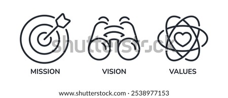 Vision, mission and values editable stroke outline icons set isolated on white background flat vector illustration. Pixel perfect. 64 x 64