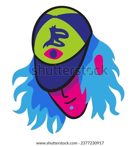 teenage guy with long hair in a cap hiding his eyes in vector. subcultural character in flat style. icon template for print website app poster sticker. children teen icons series