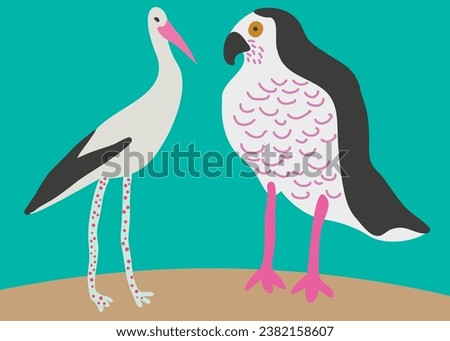 stork and song hawk vector. wild animal in flat style. Template for poster logo icon for app website. Series of animal images in flat style